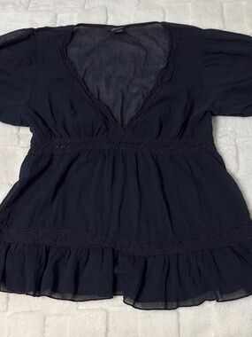 Moda International Black Sheer Cotton Peasant Top Size L Boho Goth Cottagecore B